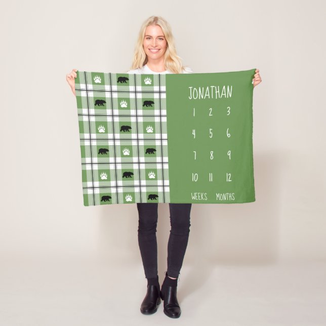 Rustic Grönt Black & White Bear Flanals Mönster Fleecefilt (På plats)