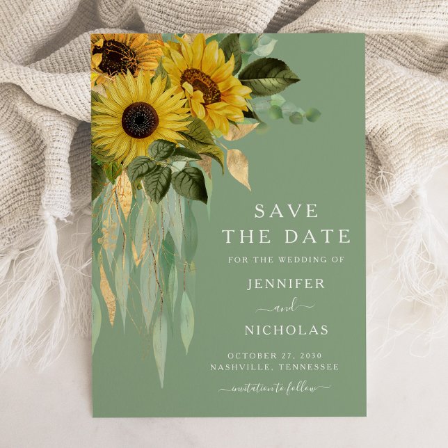 Rustic Grönt Blommigt Solblommor Spara Datumet (Green Modern Sunflowers Save The Date)