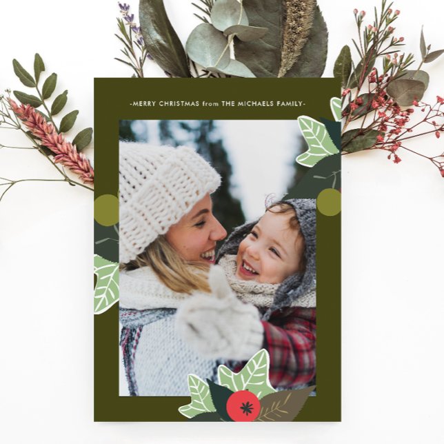 Rustic Grönt Botanical Ram Photo-jul Julkort (Skapare uppladdad)