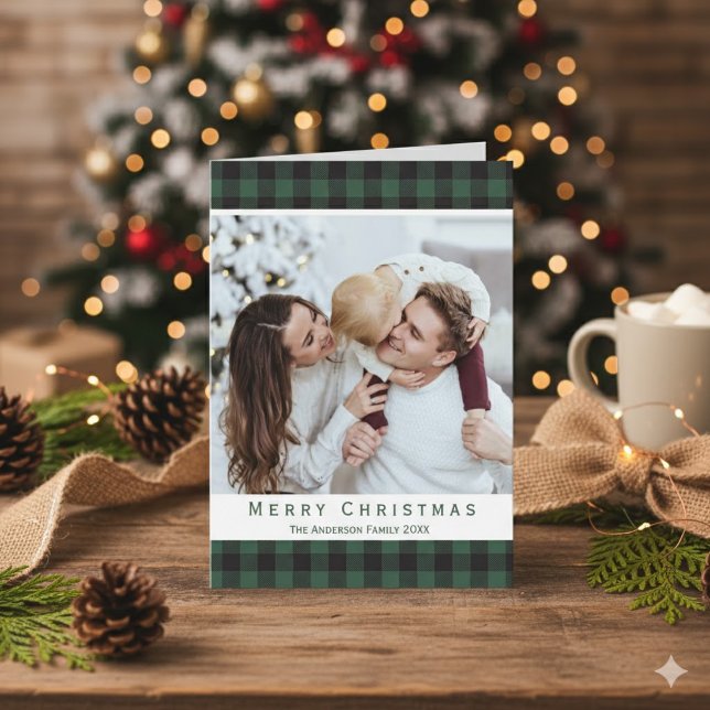 Rustic Grönt Buffalo Play God jul Photo Helgkort (Rustic Green Buffalo Plaid Merry Christmas Photo Holiday Card)