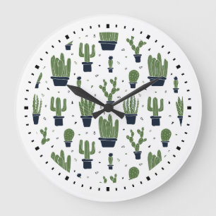 Rustic Grönt Cactus Desert Mönster Stor Klocka