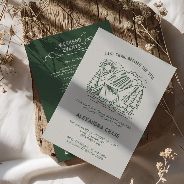 Rustic Grönt Camp Bachelorette Itinerary Helg Inbjudningar (Rustic Green Camp Bachelorette Itinerary Weekend Invitation)