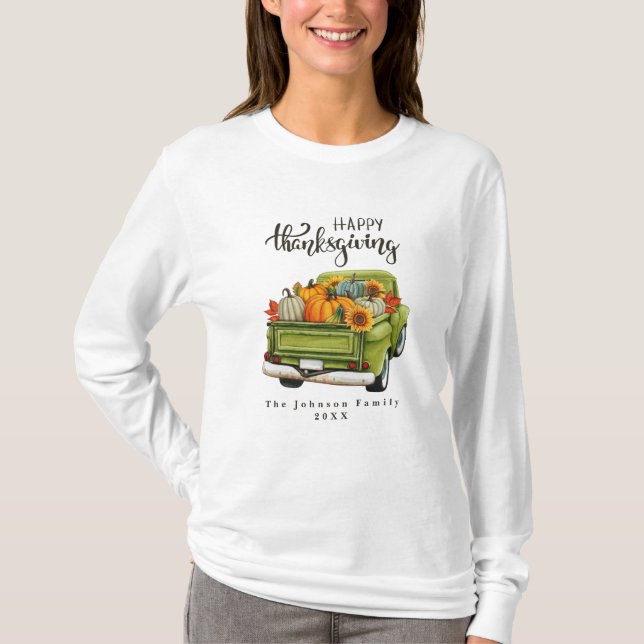Rustic Grönt Farm Lastbil Thanksgiving Family T Shirt (Framsida)