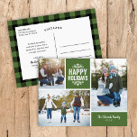 Rustic Grönt Glad helg 3 Photo Collage<br><div class="desc">Prisvärda helgdag-vykort för utskrift av anpassningsbar med enkla mallar för anpassning. Den här moderna geliksdesignen har en fotosamlingslayout med utrymme för tre familjefotografier och text i koordinerande färg-block - redigera bakgrundsbilden i färger för att matcha eventuella foton. Anpassa den med bilder och lägg till din familj namn och året. Vänd...</div>