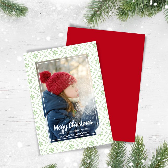 Rustic Grönt God jul One Photo Julkort (Merry Christmas photo card with green snowflake pattern,)