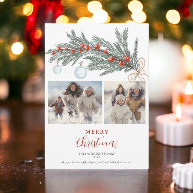 Rustic grönt gräs Red God jul 3-foton Julkort (Rustic green pine red Merry Christmas 3 photos Holiday Card)