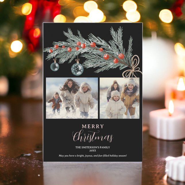 Rustic grönt gräs Red God jul 3-foton Julkort (Rustic green pine red Merry Christmas 3 photos Holiday Card on black)