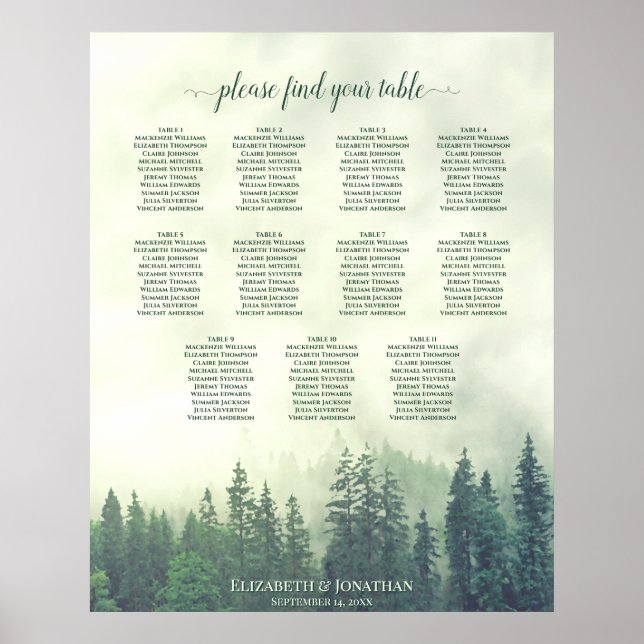 Rustic Grönt Gräs Träd 11 Bord-sittplatsplan Poster (Framsidan)