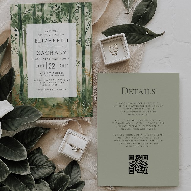 Rustic Grönt Guld Woodland QR-koden Bröllop Inbjudningar (Skapare uppladdad)