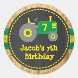 Rustic Grönt Gult Tractor Birthday Favor Sticker Runt Klistermärke
