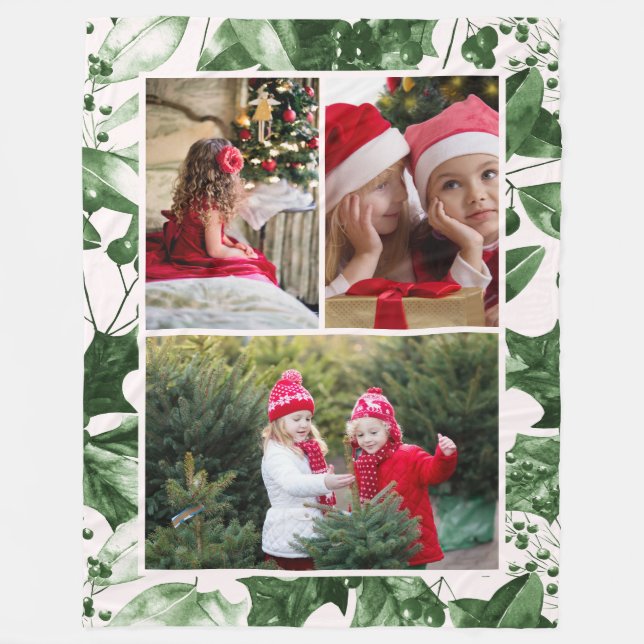 Rustic Grönt Holly Three Photo Collage Helgdag Fleecefilt (Framsidan)