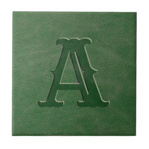 Rustic Grönt Leather Struktur Monogram Initial Kakelplatta