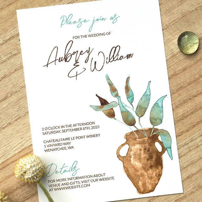 Rustic Grönt Lövs, Clay Pot Wedding Investigations Inbjudningar (Clay Terracotta Pot, Eucalyptus Green Leaves Simple Botanical Wedding Invitation, Painted Watercolor)