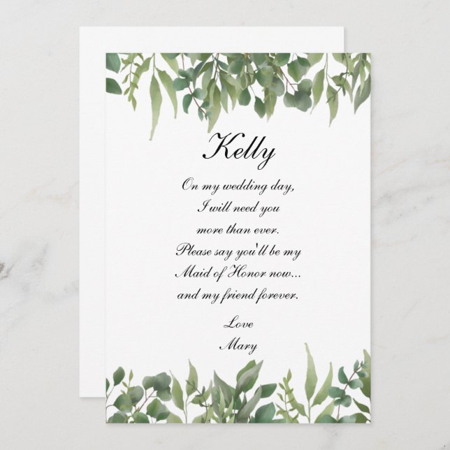 Rustic Grönt Lövs Greenery Foliage Maid of honor Inbjudningar (Fram/baksida)