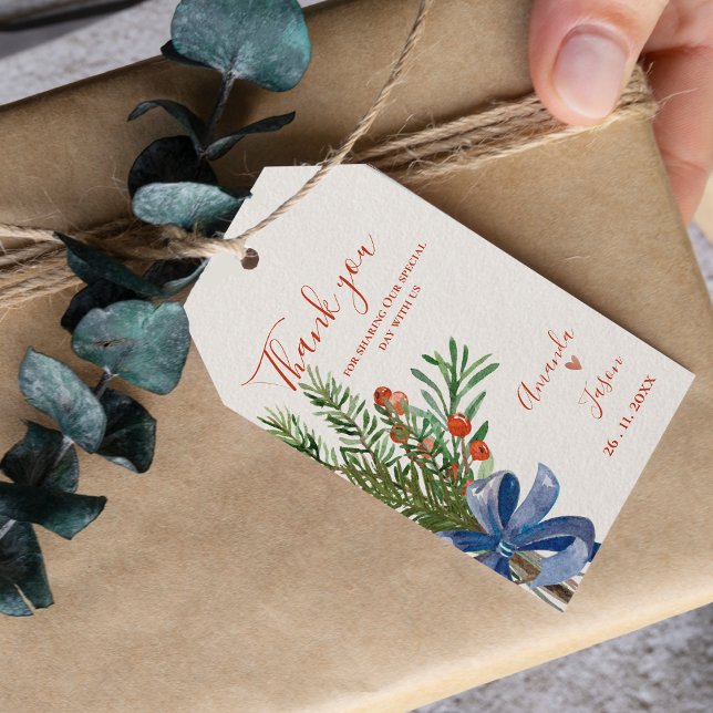 Rustic Grönt Lövs Red Berries jul Bröllop Presentetikett (Rustic Green Leaves Red Berries Christmas Wedding Gift Tags)