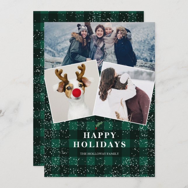 Rustic grönt plaid flanals mistletoe snö 3 foton julkort (Fram/baksida)
