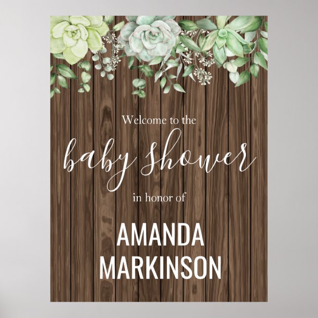 Rustic Grönt Succult Modern Baby Shower Poster (Framsidan)