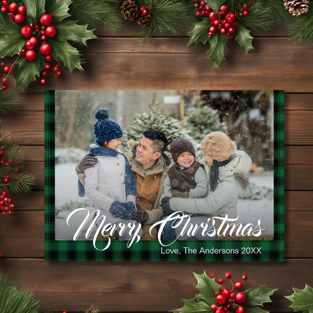 Rustic Grönt Tartan Buffalo Play-julfoto Julkort (Rustic Green Tartan Buffalo Plaid Christmas Photo Holiday Card)