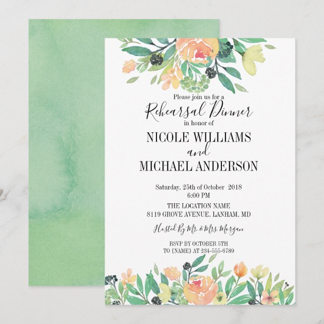 RUSTIC Grönt vattencolor peony Rehearsal Dinner Inbjudningar (Fram/baksida)