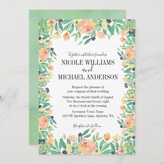 RUSTIC Grönt vattencolor rosa peony Flowers BRÖLLO Inbjudningar (Fram/baksida)