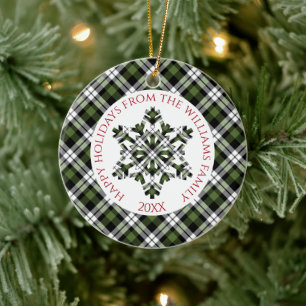 Rustic Grönt White Black Tartan Checks Snöflingor Julgransprydnad Keramik