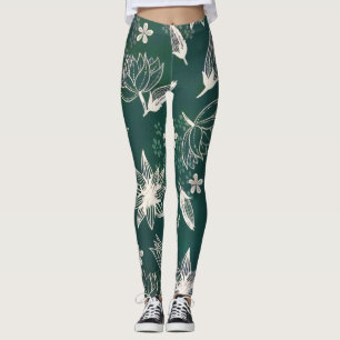 Rustic Grönt White Botanical Wildblommor Blommar Leggings