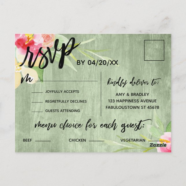 Rustic Grönt Wood Boho Flowers Menu Choice Vykort (Baksida)