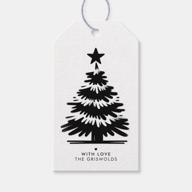 Rustic Grunge Black & White Merry Christmas Tree Presentetikett (Framsidan)