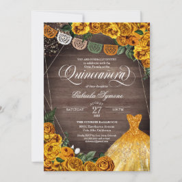 Rustic Gul ros Glitter Gown Fiesta Quinceañera Inbjudningar