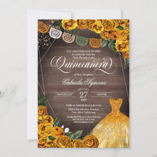 Rustic Gul ros Glitter Gown Fiesta Quinceañera Inbjudningar