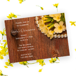 Rustic Gula blommor Pearls Quinceanera Barn Inbjudningar