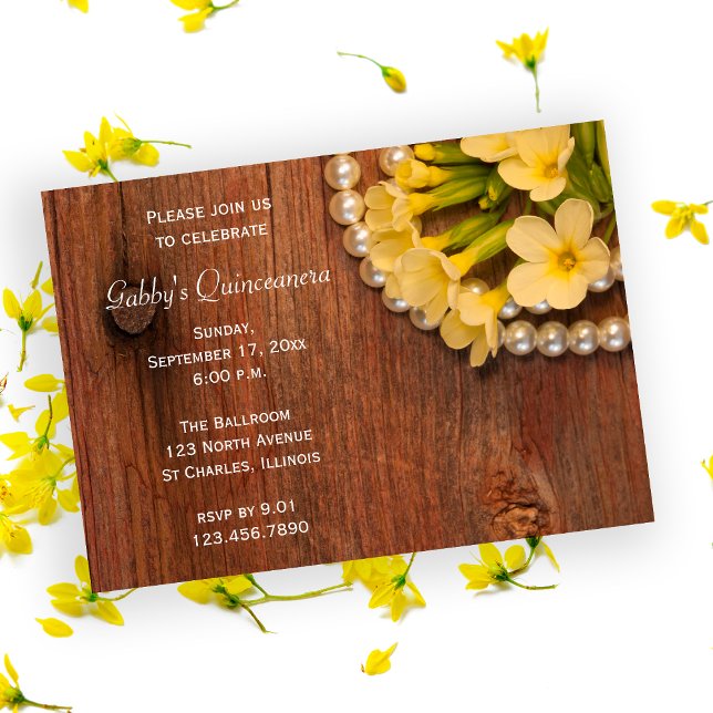 Rustic Gula blommor Pearls Quinceanera Barn Inbjudningar (Skapare uppladdad)