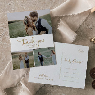 Rustic Guld 3 Photo Collage Bröllop Tack Vykort
