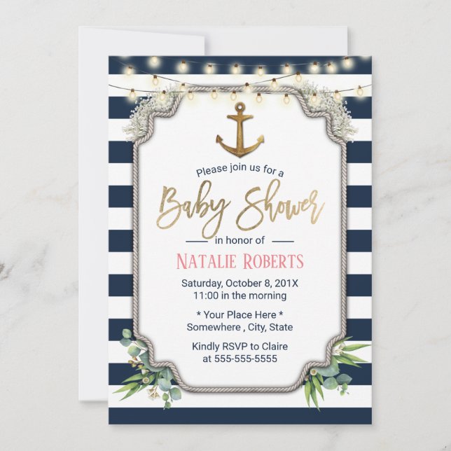 Rustic Guld Anchor Nautical Baby Shower Inbjudningar (Framsida)