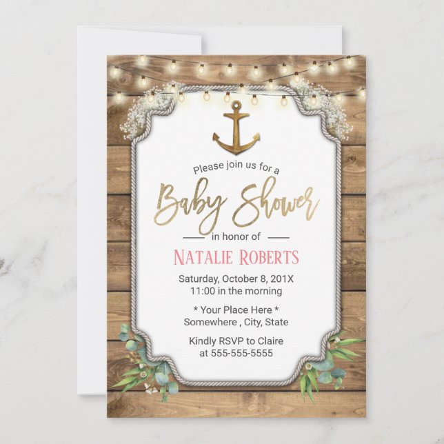 Rustic Guld Anchor String Ljus Barn Baby Shower Inbjudningar (Framsida)