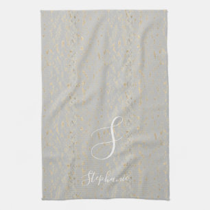 Rustic Guld Artsy Mönster Monogram Initialer Cute Kökshandduk