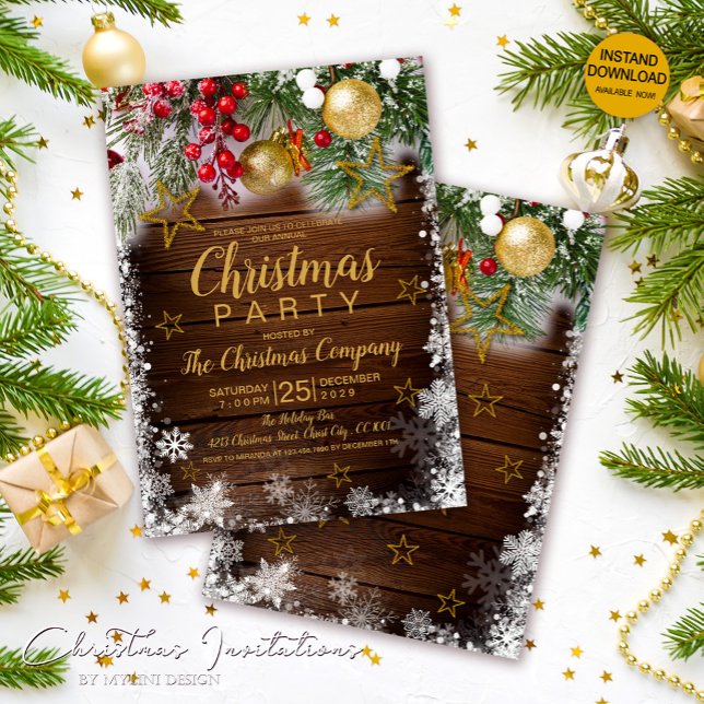 Rustic Guld Baubles Berries Stars jul Inbjudningar (Skapare uppladdad)