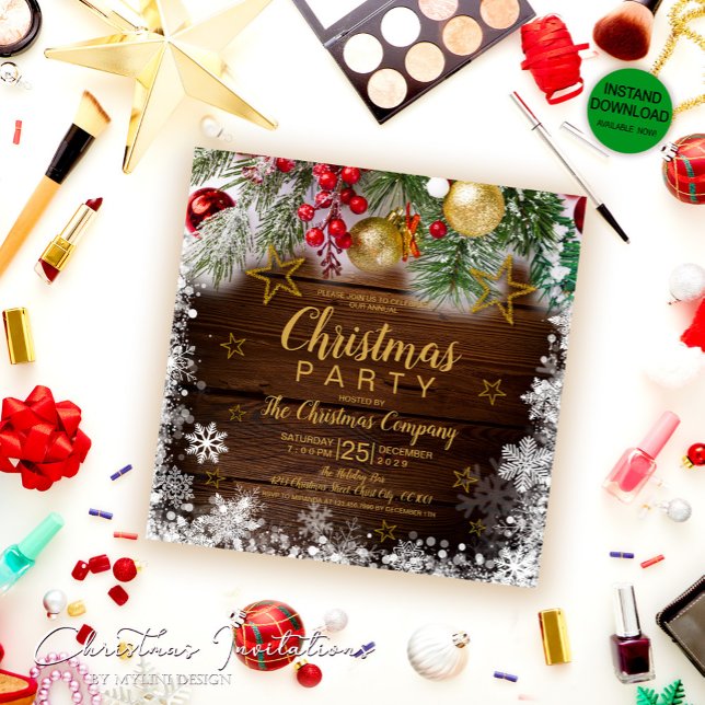 Rustic Guld Baubles Holly Berries jul Party Inbjudningar (Skapare uppladdad)