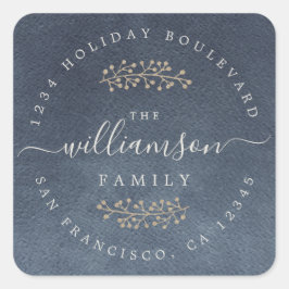 Rustic Guld Berries Sprig Mörk blått jul Fyrkantigt Klistermärke