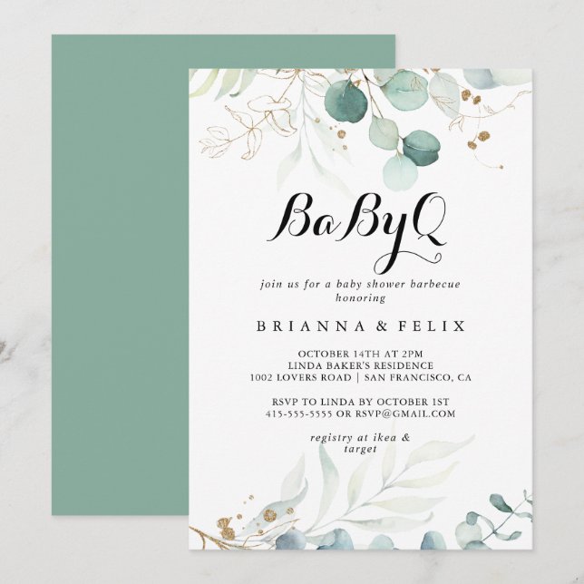 Rustic Guld Blommigt BabyQ Baby Shower Barbecue Inbjudningar (Fram/baksida)