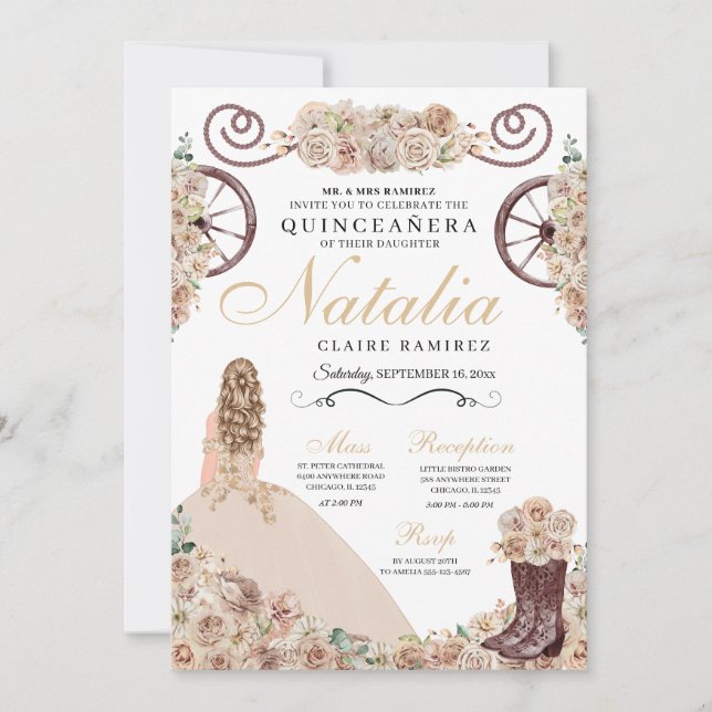 Rustic Guld Chamagne Western Quinceanera Inbjudningar (Framsida)