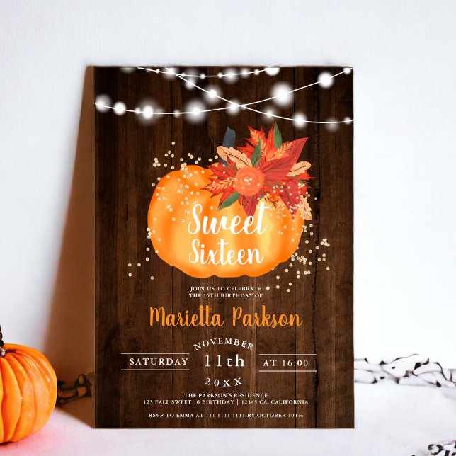 Rustic guld chic blommigt ljus  fall Söt 16 Inbjudningar (Rustic gold chic floral wood lights fall Sweet 16 Invitation)