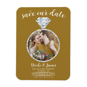 Rustic Guld Diamond Ring Bling Photo Save Date Magnet