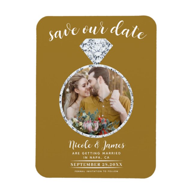 Rustic Guld Diamond Ring Bling Photo Save Date Magnet (Vertikal)