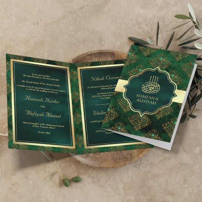 Rustic Guld Emerald Grönt Damask Muslim Bröllop Inbjudan (Skapare uppladdad)