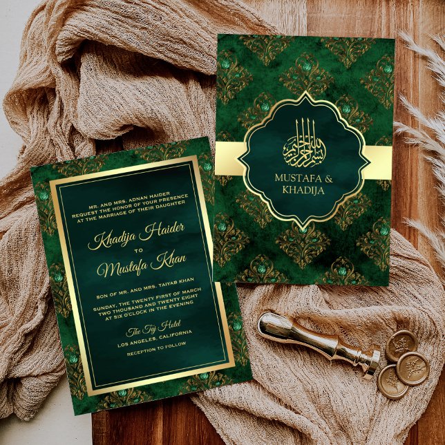 Rustic Guld Emerald Grönt Damask Muslim Bröllop Inbjudningar (Skapare uppladdad)