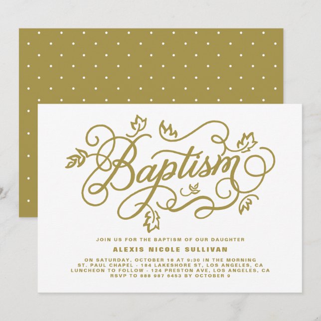 Rustic Guld Foliage Lettering Baptism Inbjudningar (Fram/baksida)