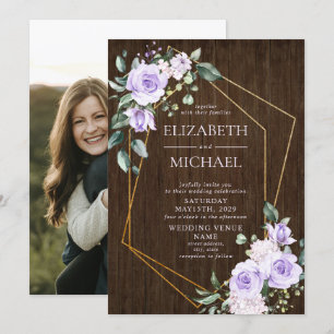 Rustic Guld Geometric Lilac Blommigt Wood Foto Inbjudningar