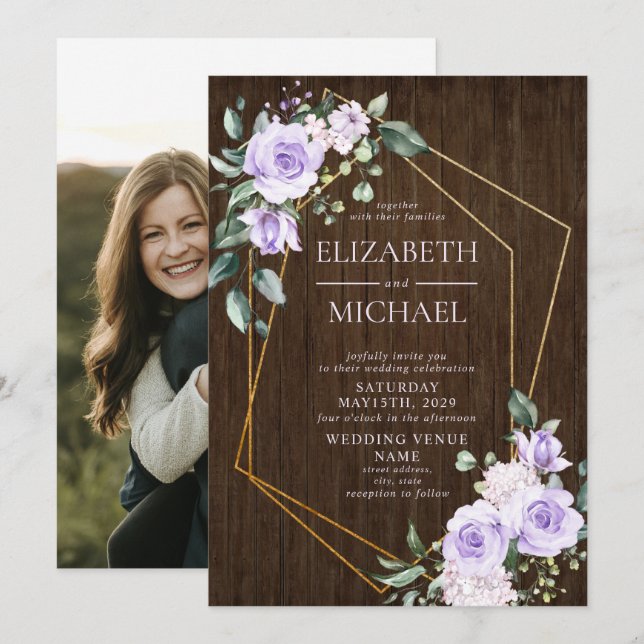 Rustic Guld Geometric Lilac Blommigt Wood Photo Inbjudningar (Fram/baksida)