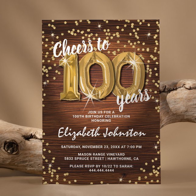 Rustic Guld Glitter 100:e födelsedagen Inbjudningar (Skapare uppladdad)